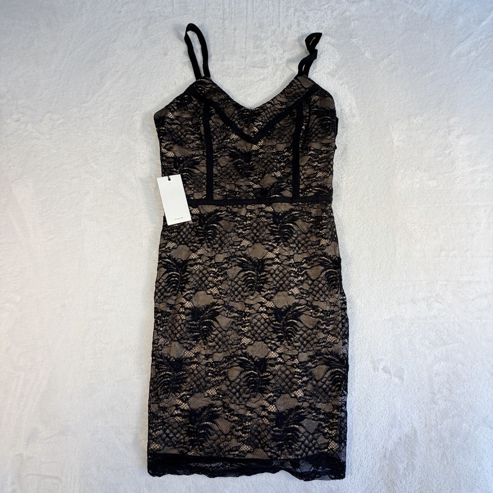 NWT Ali & Jay Dress Womens Sz M Black Lace Overlay Tan Lined Sleeveless Cocktail